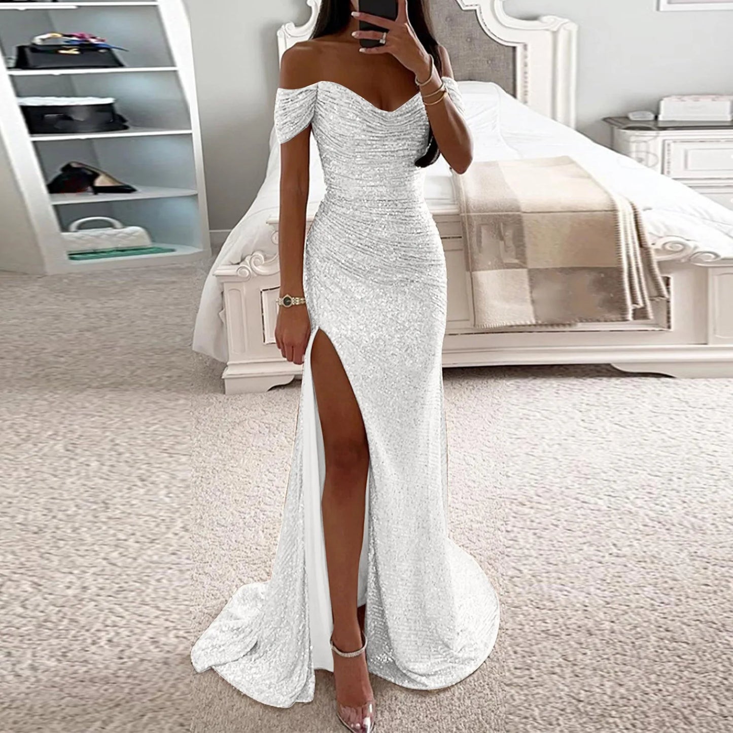 Women's Prom Party Dress 2024 New Off Shoulder Sequin Maxi Dress Short Sleeve Solid Spring Fall Clubwear Sexy Women's Dress