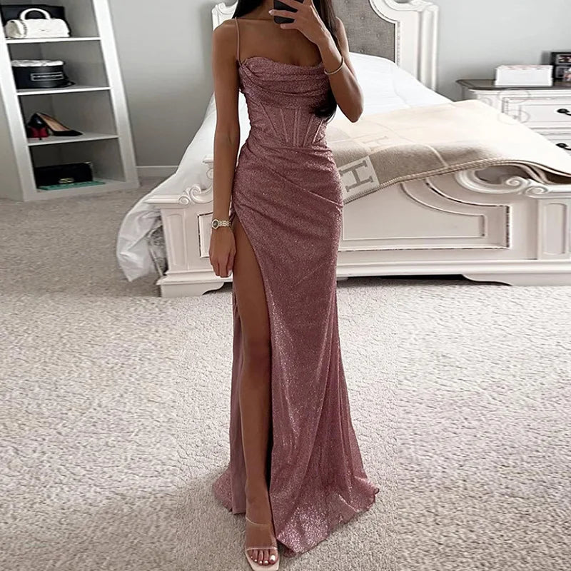 Elegant Party Lady Maxi Floor-Length Dress Slim Fit Women Summer Sleeveless Long Dress Club Casual V Neck Off Shoulder Dresses