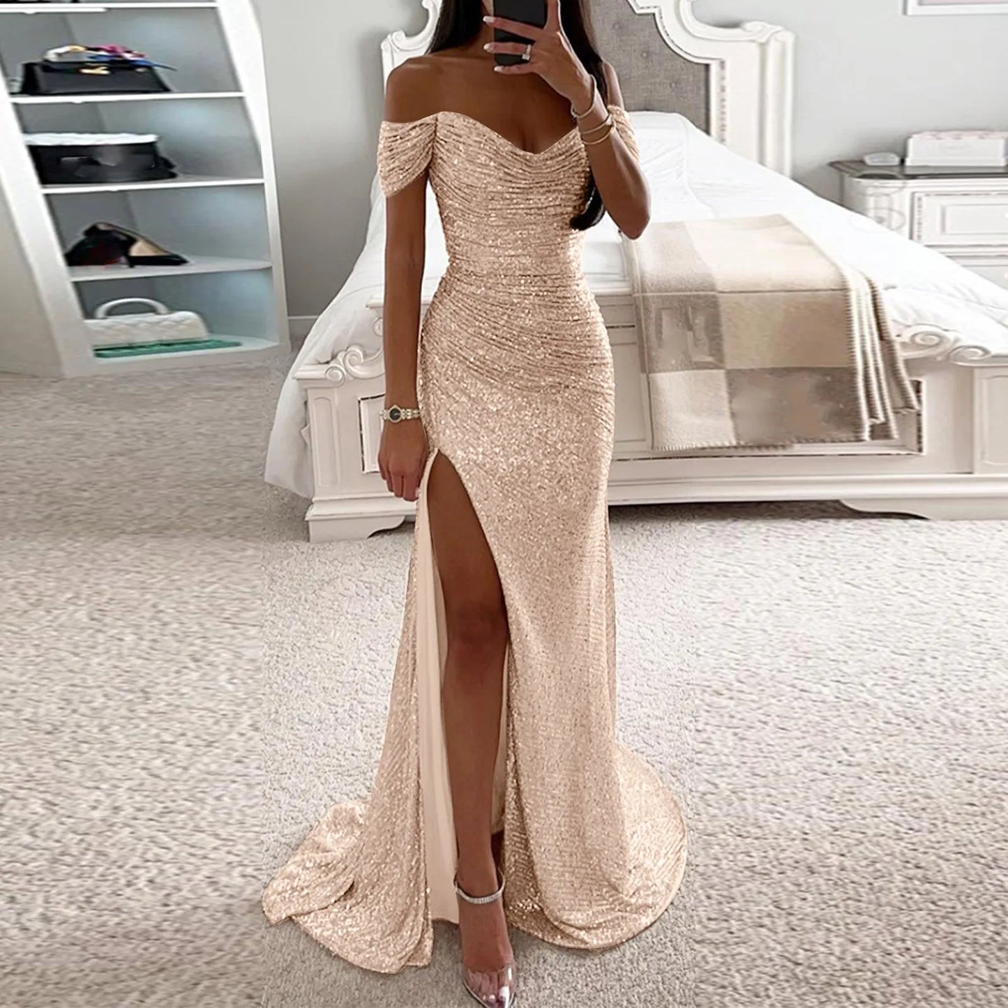 Women's Sleeveless Evening Party Dress Spaghetti Strap Corset Bodycon High Split Prom Dress Sexy Backless Cocktail Long Dress