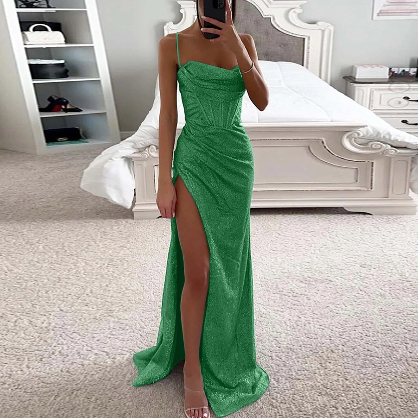 Women's Sleeveless Evening Party Dress Spaghetti Strap Corset Bodycon High Split Prom Dress Sexy Backless Cocktail Long Dress