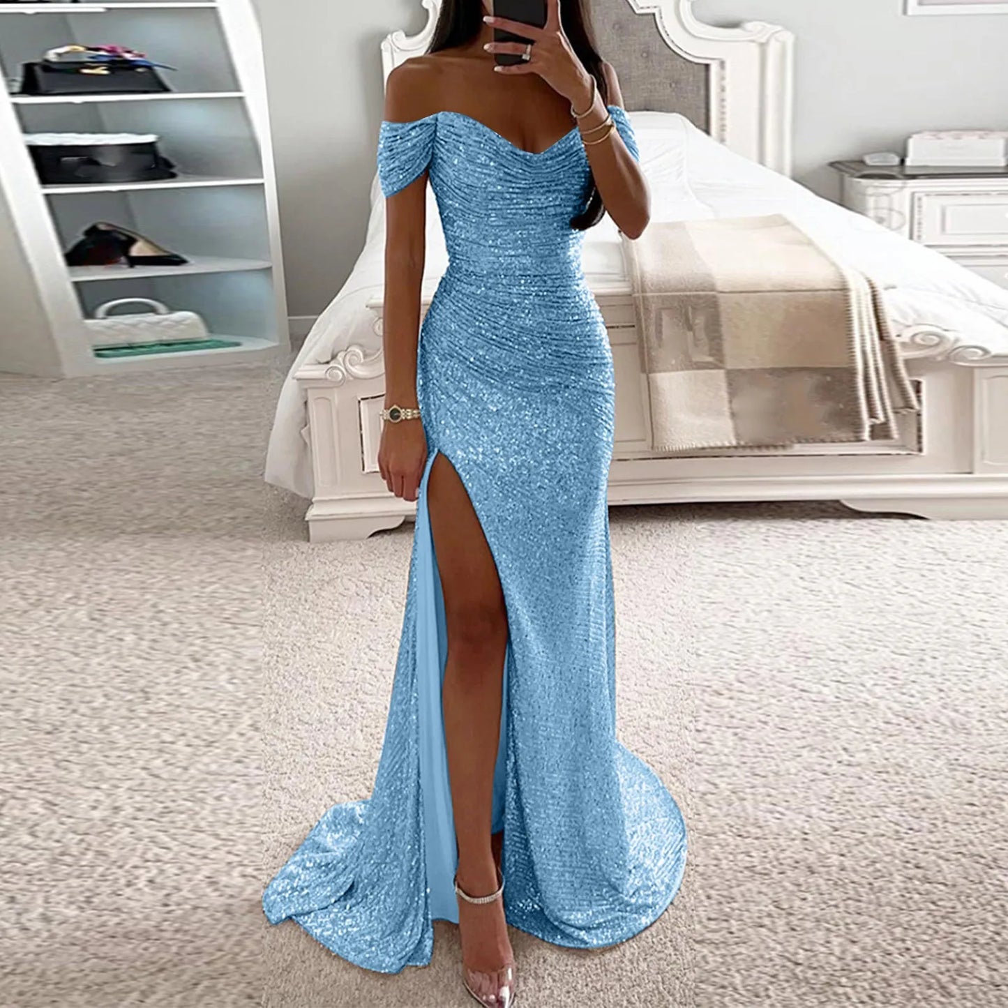 Women's Prom Party Dress 2024 New Off Shoulder Sequin Maxi Dress Short Sleeve Solid Spring Fall Clubwear Sexy Women's Dress