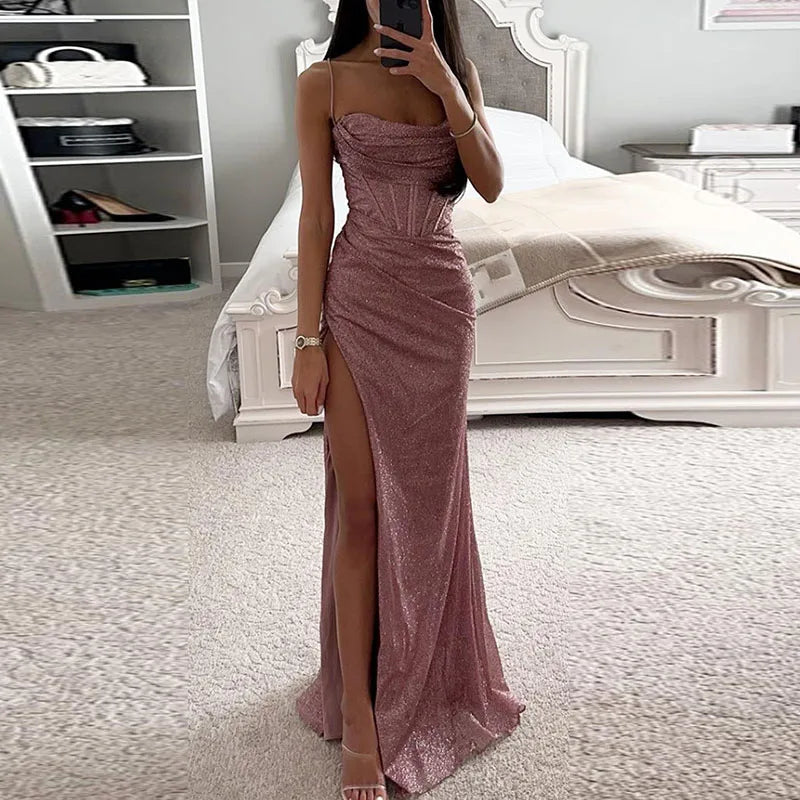 Elegant Corset Bodycon Slit Maxi Dresses Fashion Lady Shiny Backless Evening Dress Women Sexy Slim Spaghetti Strap Sequins Dress