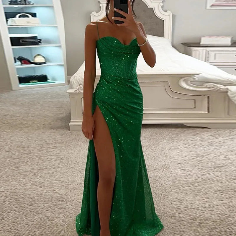 Elegant Corset Bodycon Slit Maxi Dresses Fashion Lady Shiny Backless Evening Dress Women Sexy Slim Spaghetti Strap Sequins Dress