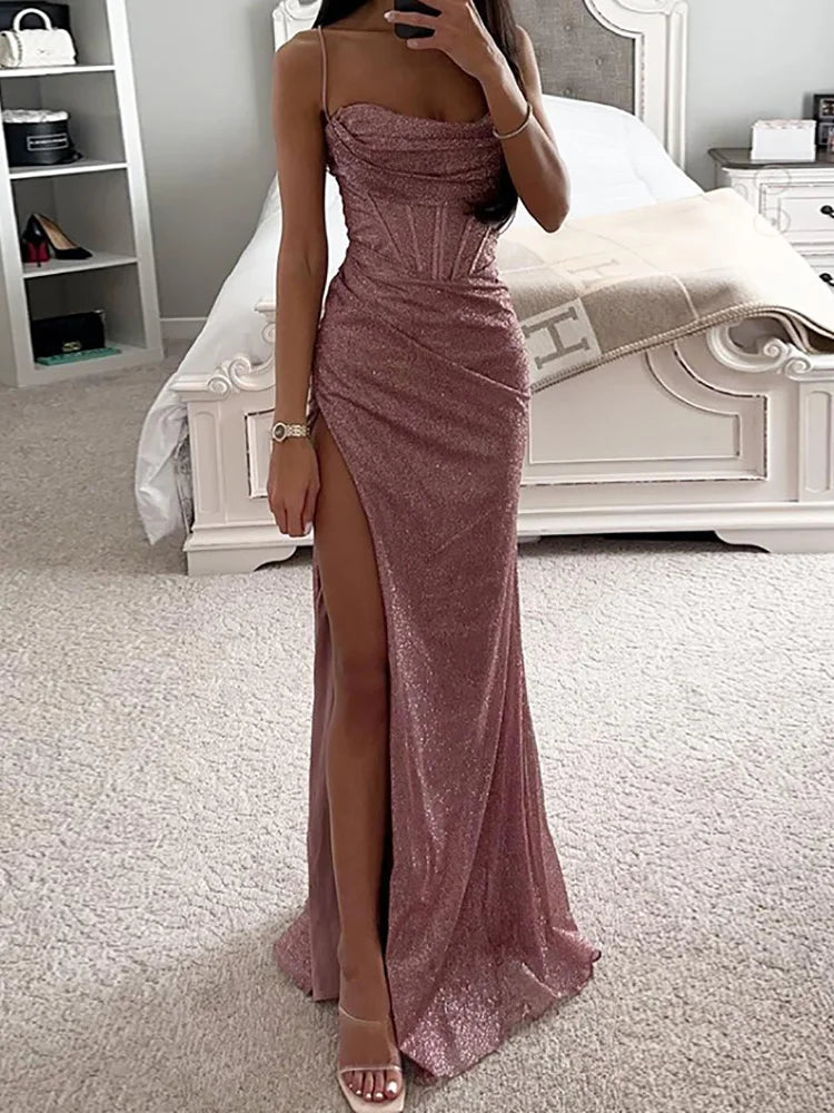 Elegant Party Lady Maxi Floor-Length Dress Slim Fit Women Summer Sleeveless Long Dress Club Casual V Neck Off Shoulder Dresses