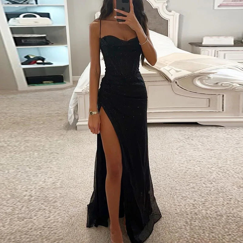 Elegant Corset Bodycon Slit Maxi Dresses Fashion Lady Shiny Backless Evening Dress Women Sexy Slim Spaghetti Strap Sequins Dress